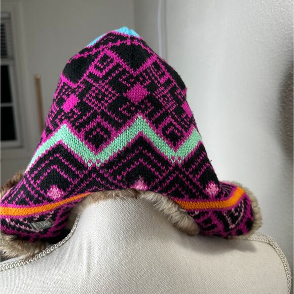 Billabong Pink Black Blue Knit with Faux Fur Trapper Hat OS - Picture 5 of 16